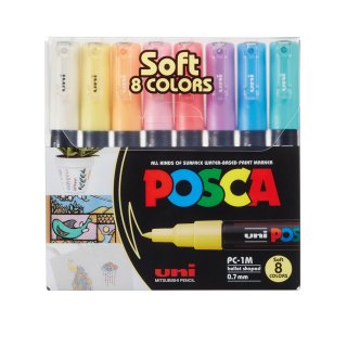 Markery z farbą plakatową pigmentowe POSCA Soft Colours 8 kolorów pastelowych UNI PC - 1M 177311