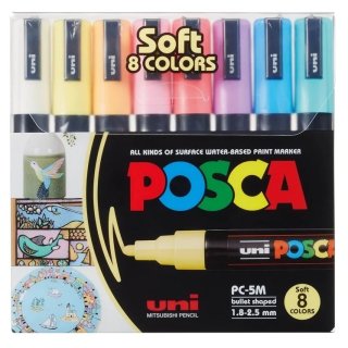 Markery z farbą plakatową pigmentowe POSCA 8 kolorów pastelowych UNI PC-5M 177314