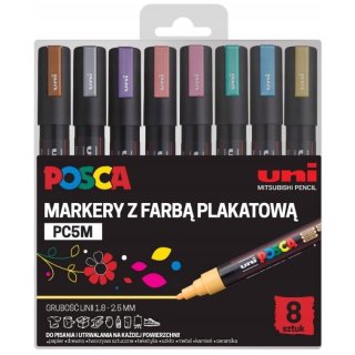 Markery z farbą plakatową, tuszem wodnym,  pigmentowe POSCA 8 kolorów UNI PC5M kolory metaliczne