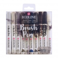 Pisaki pędzelkowe Ecoline Brush Pen Greys 9 kolorów odcienie szarości + blender Royal Talens