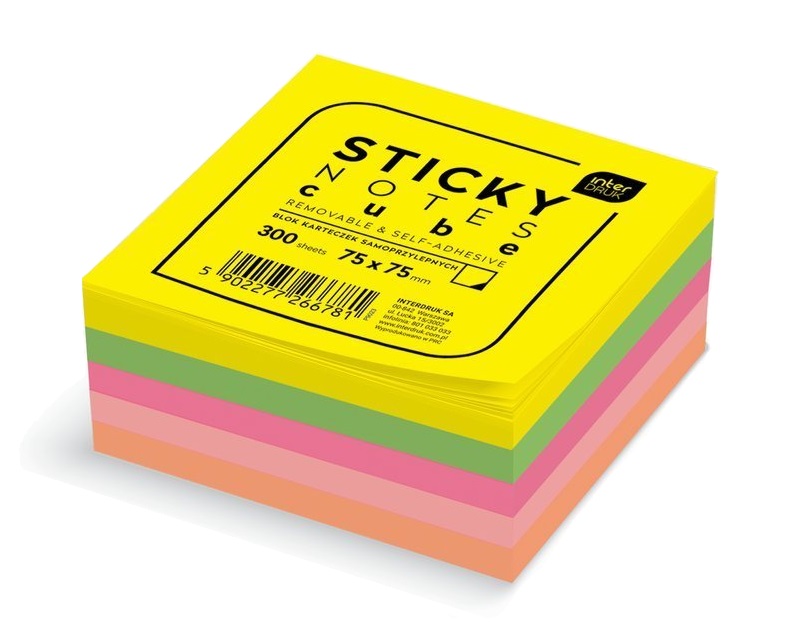 Karteczki samoprzylepne kolorowe 300 Sticky Notes Cube 75x75 mm Interdruk 66781
