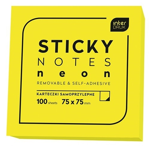 Karteczki samoprzylepne neon żółty 100 Sticky Notes Cube 75x75 mm Interdruk 66798
