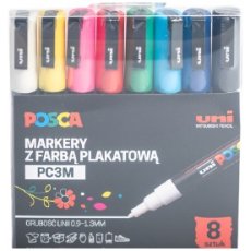 Markery z farbą plakatową pigmentowe POSCA Basic Colours 8 kolorów UNI PC-3M/8C 194510