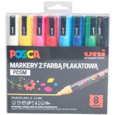 Markery z farbą plakatową pigmentowe POSCA 8 kolorów UNI PC-5M/8C 194513