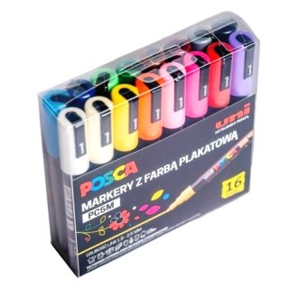 Markery z farbą plakatową pigmentowe POSCA 16 kolorów UNI PC5M
