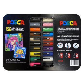 Markery z farbą plakatową, tuszem wodnym, pigmentowe POSCA 20 kolorów UNI metalowe pudełko